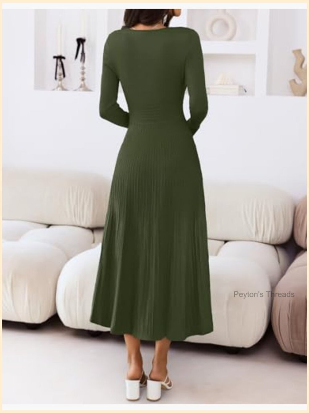 Long Sleeve Square Neck Pleated Knit Midi Dress for Women - Picture 4 of 7